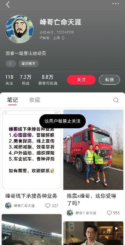 11月14日，网红博主“峰哥亡命天涯”多个平台账号被禁止关注