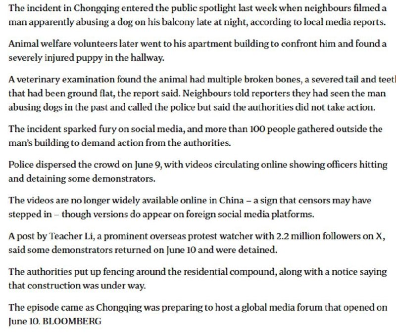 6月11日，彭博社和海峡时报报道了中国重庆虐狗事件​文末指出，此案再次引发了动物保护倡导者对中国出台《反虐待伴侣动物法》的强烈呼吁