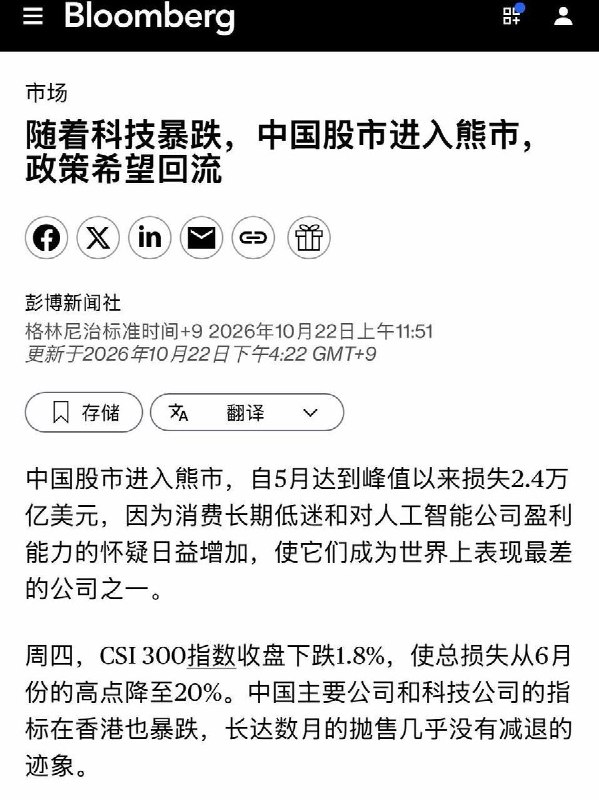 彭博：中国股市进入熊市，科创50、创业板下半年跌约四成10月22日，沪深300指数收跌1.84%，较6月高点下跌约20%，进入技术性熊市