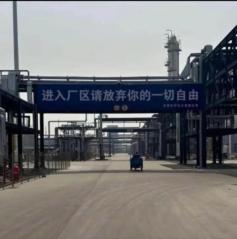 3月21日，东营市左宁化工厂入口处的标语写着：“进入厂区请放弃你的一切自由”查看原文📝 引用推文:网友投稿11月28日晚，广西钦州
