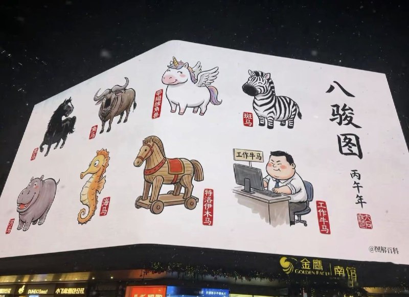 江苏南京，金鹰国际购物中心的大屏展示八骏图，惊现“工作牛马”讽刺打工人被当牛马使唤