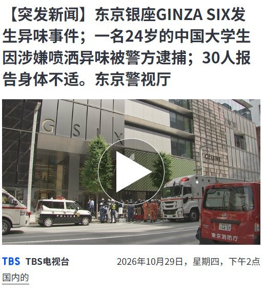 中国籍大学生在东京银座喷雾致30人不适，五个月后被捕10月29日，日本TBS报道，一名24岁中国籍大学生于28日因涉嫌伤害被捕