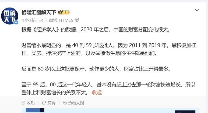 近日，《经济学人》：中国财富分配结构变化明显 中年群体缩水显著近日，经济学人发布相关数据分析指出，2020年以后，中国财富分配结构出现显著变化，不同年龄群体之间的财富状况呈现分化趋势