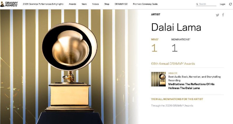 90岁达赖喇嘛在第68届格莱美奖上获颁“最佳有声书、旁白和故事讲述录音奖”2月2日，第68届格莱美音乐奖颁奖典礼在美国加利福尼亚州洛杉矶举行