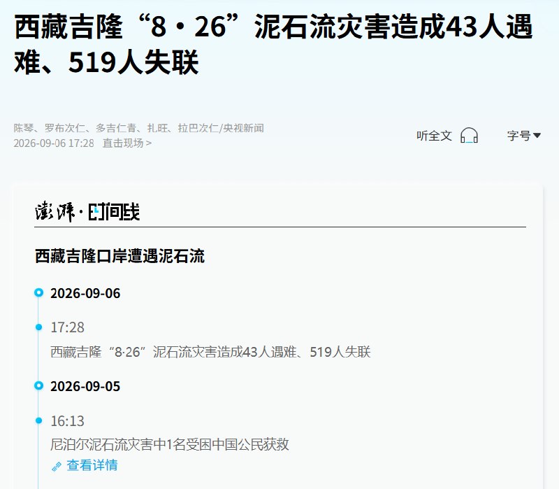 9月6日，央视新闻通报：西藏吉隆“8·26”泥石流灾害确认43人遇难、519人失联