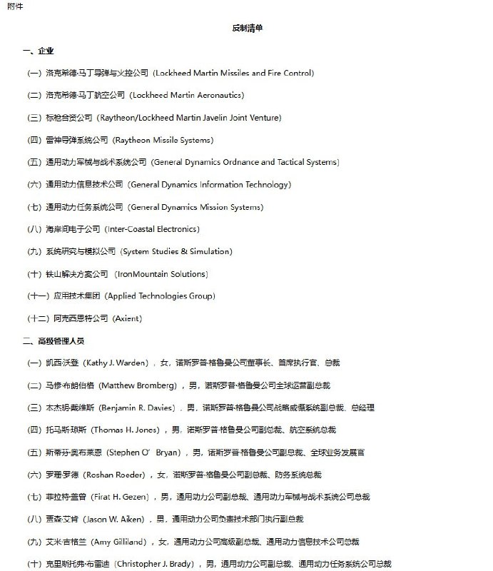 12月26日，外交部发布：关于对美国军工企业及高级管理人员采取反制措施的决定