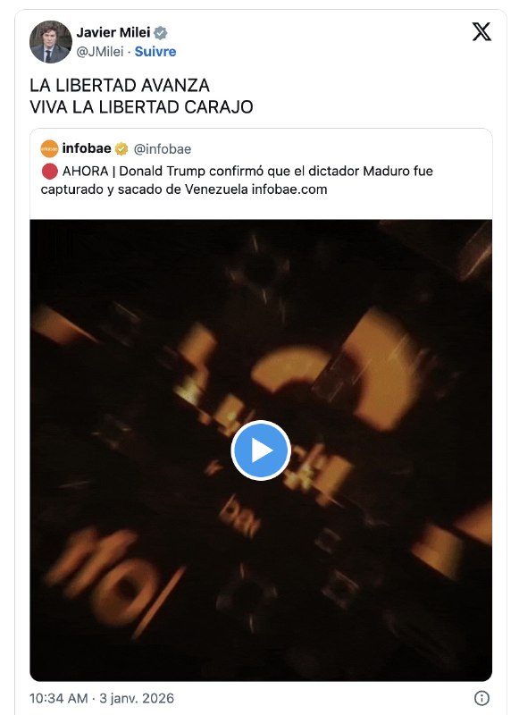 阿根廷总统 哈维尔·米莱 就美国对委内瑞拉的空袭作出回应：“自由在前进”，对特朗普政府在对委内瑞拉实施打击后表示支持