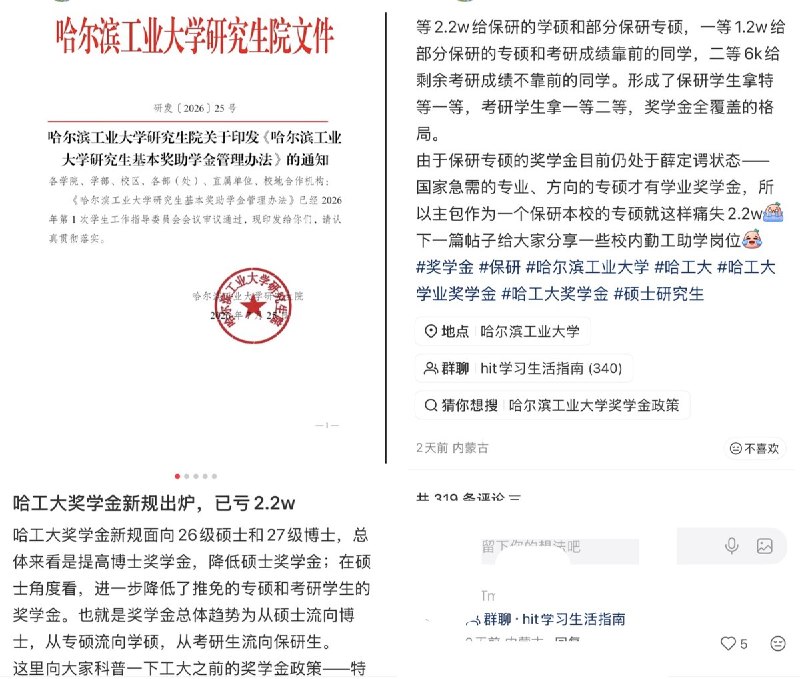网友投稿：哈工大开学前一个月修改硕士奖学金规则，大幅削减奖学金，仅向40%发放，且不包含考研学生据网友反映，哈尔滨工业大学于7月27日（距离开学约一个月）发布新的研究生奖学金政策