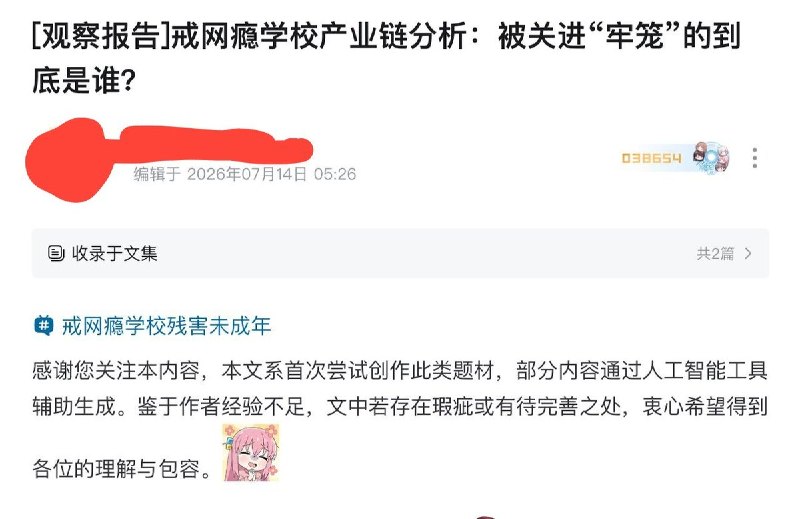 近日，一篇名为《戒网瘾学校产业链分析：被关进“牢笼”的到底是谁？》的文章引发关注
