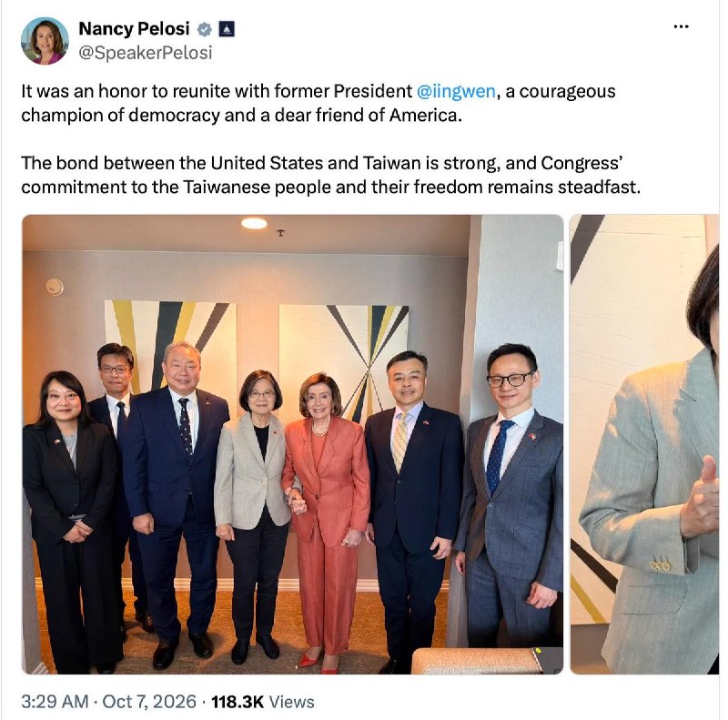 蔡英文卸任后首次访美，旧金山会见裴洛西10月6日台湾前总统蔡英文卸任后首次访美，抵达加利福尼亚州后受到当地侨胞热烈欢迎