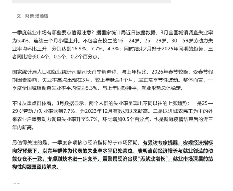 4月25日，财新刊文：一季度青年、农民工失业率上升，需警惕经济“无就业增长” 国家统计局人口和就业统计司副司长肖宁解释称，今年一季度就业形势总体稳定