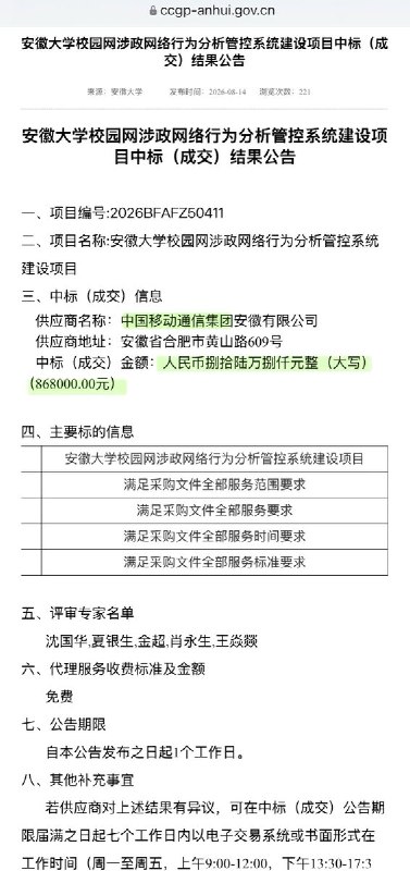 安徽大学拟搭建“校园网涉政网络行为分析管控系统”，或将于今年年底前投入使用该项目中标供应商为中国移动，要求解决校园网内网络翻墙（含VPN 违规使用）等违规网络行为和数据泄露问题，服务商将提供“违规网络行为检测一风险告警一异步审计一溯源取证”全流程服务，同时兼顾涉政敏感信息管控