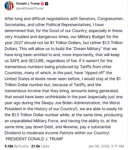 刚刚，美国总统特朗普通过社交平台公开宣布，将提议2027财年美国军事预算从原先约1万亿美元大幅提升至1.5万亿美元，即增幅达到50%