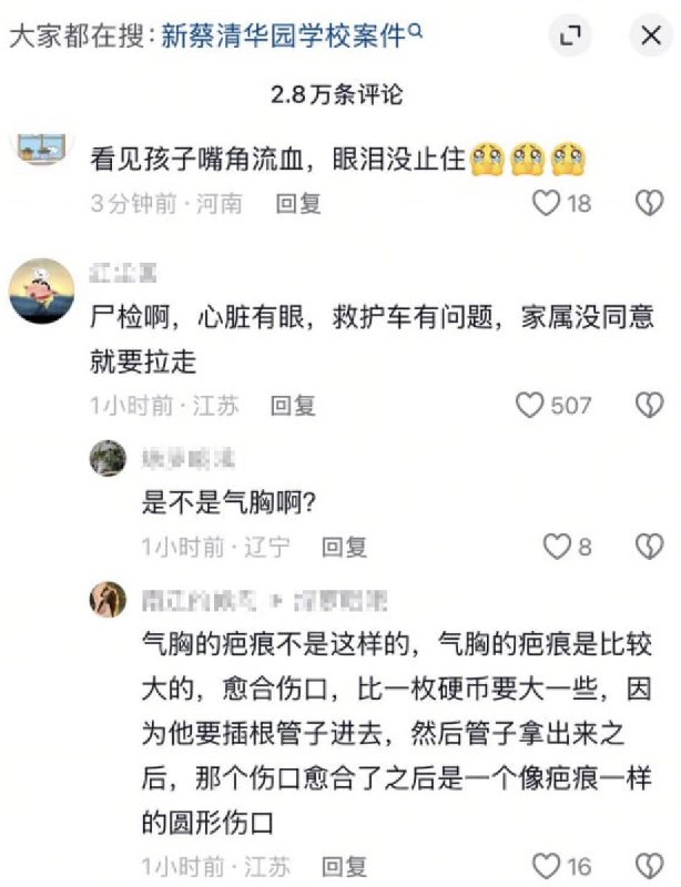 大量网友对受害孩子胸口的伤口的来源表示关注和质疑