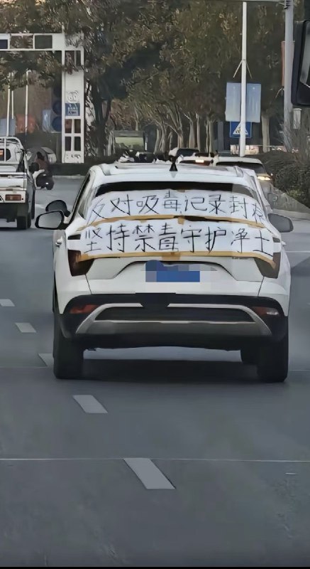 12月2日，有网友拍摄到一辆车后挂着横幅“反对吸毒记录封存，坚持禁毒守护净土”