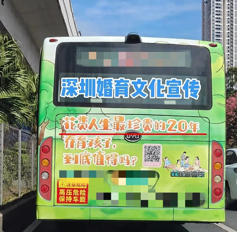 网友投稿：深圳，公交车的婚育文化宣传位写着“花费人生最珍贵的20年养育孩子，到底值得吗？”查看原文