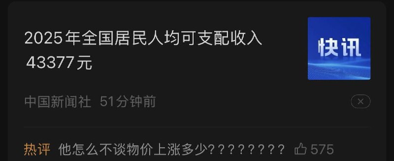 “全国居民人均收入43377元”的评论区热评：怎么不谈物价上涨多少？？？？？？？？查看原文📝 引用推文:1月19日，根据国家统计局，2025年全国居民人均可支配收入43377元查看引用原文