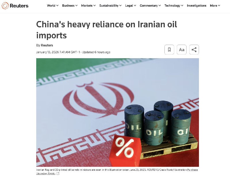 路透社：中国对伊朗原油进口的高度依赖1月13日，路透社报道：中国作为全球最大的原油进口国，是 伊朗（OPEC 成员国）原油的最大买家