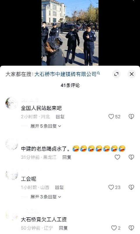 10月28日，辽宁省营口大石桥市“中建镁砖”职工因公司长期拖欠工资及社保，前往当地市政府门前集会讨薪维权
