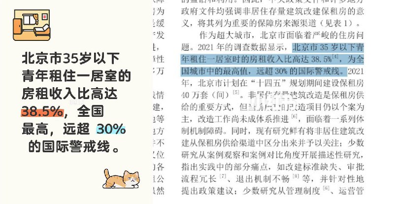 北京又拿了个第一北京市35岁以下青年租住一居室的房租收入比高达38.5%，全国最高，远超 30% 的国际警戒线