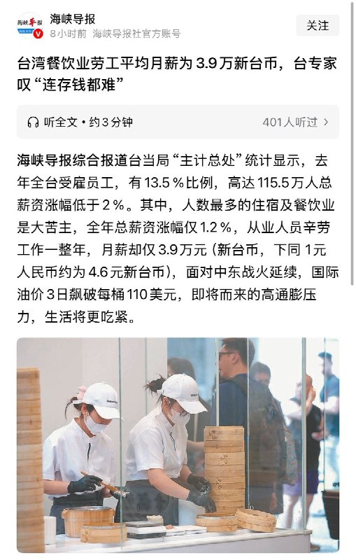4月4日，海峡导报：台湾餐饮业劳工平均月薪为3.9万新台币，目前购买力相当于大陆3000元人民币