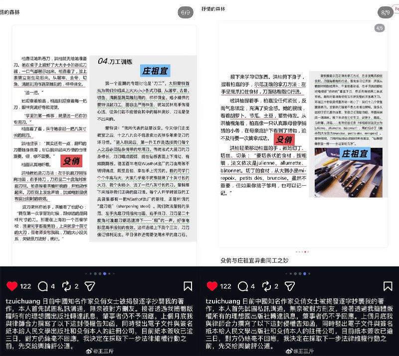 近日，台湾文学作家庄祖宜爆料，其知名著作《厨房里的人类学家》遭到中国知名作家殳俏逐字抄袭，她本人也认识对方，因此先自行通过微信联系沟通，没想到遭对方删除好友置之不理