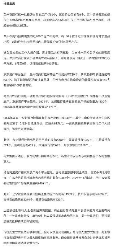 网友投稿多家银行批量挂牌卖房近期，多家银行在电商平台集中挂牌直售房产，引发关注