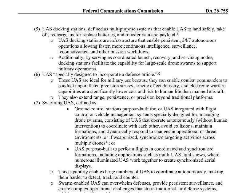 7月21日，美国联邦通信委员会（FCC）发布公众通知，拟禁止部分外国制造的“军用级”无人机及关键部件继续进口和销售