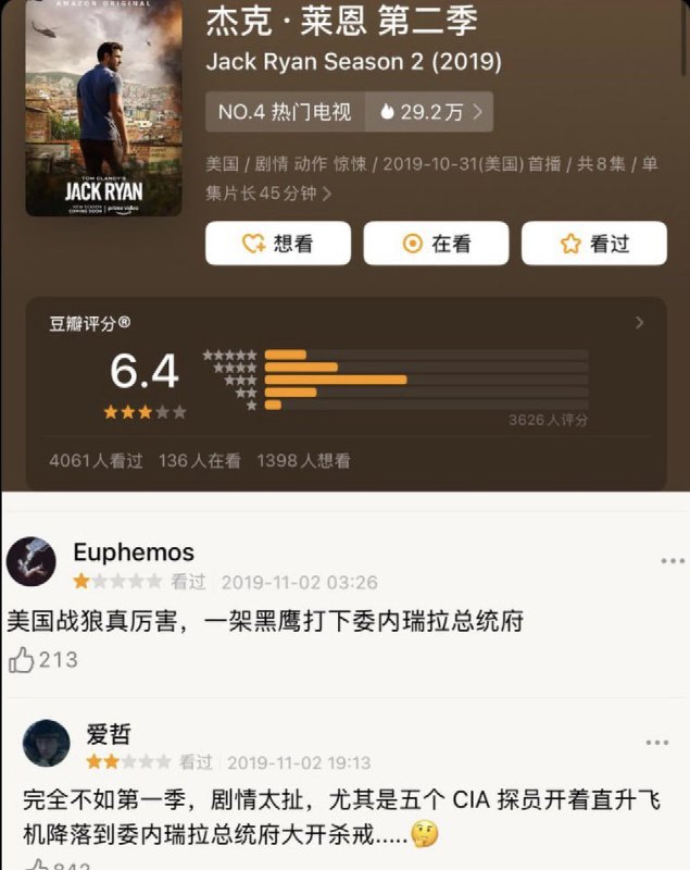2019年时，有豆瓣网友曾评价《杰克莱恩》中，这段 CIA探员空降到委内瑞拉总统府大开杀戒的情节  “剧情太扯”今年，该网友自嘲这条短评证明自己有多么缺少想象力，被现实piapia打脸查看原文📝 引用推文:2019年，美剧《杰克莱恩》中，5名CIA探员降落突袭委内瑞拉总统府的片段查看引用原文2019年时，有豆瓣网友曾评价《杰克莱恩》中，这段 CIA探员空降到委内瑞拉总统府大开杀戒的情节  “剧情太扯”今年，该网友自嘲这条短评证明自己有多么缺少想象力，被现实piapia打脸查看原文📝 引用推文:2019年，美剧《杰克莱恩》中，5名CIA探员降落突袭委内瑞拉总统府的片段查看引用原文