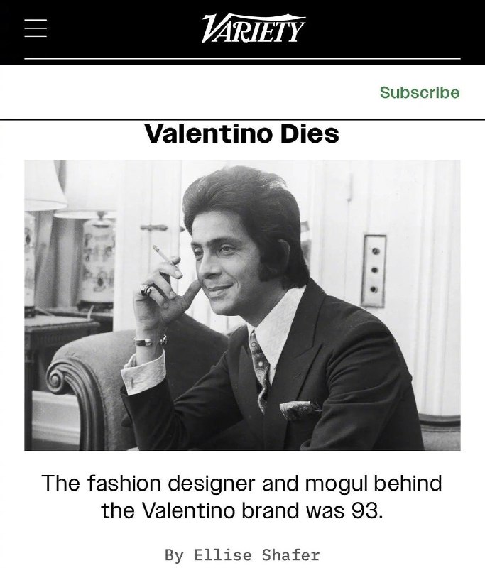 1月19日，意大利传奇时装设计师、华伦天奴（Valentino）品牌联合创始人瓦伦蒂诺·加拉瓦尼（Valentino Garavani）去世