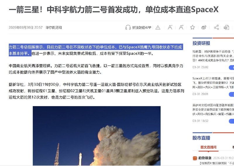 3月31日，媒体报道：中科宇航力箭二号首发成功，力箭二号总指挥表示，目前力箭二号在不回收状态下的单位成本，已与SpaceX猎鹰九号回收状态下的成本“基本”持平