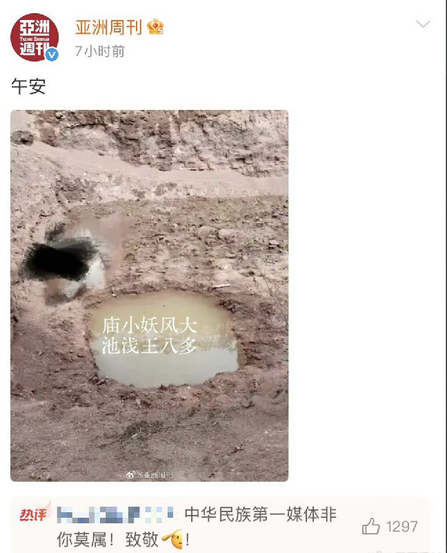 12月29日，在删除完“南博”相关帖子后，《亚洲周刊》还发布了一张图片，上面写着“庙小妖风大，池浅王八多”