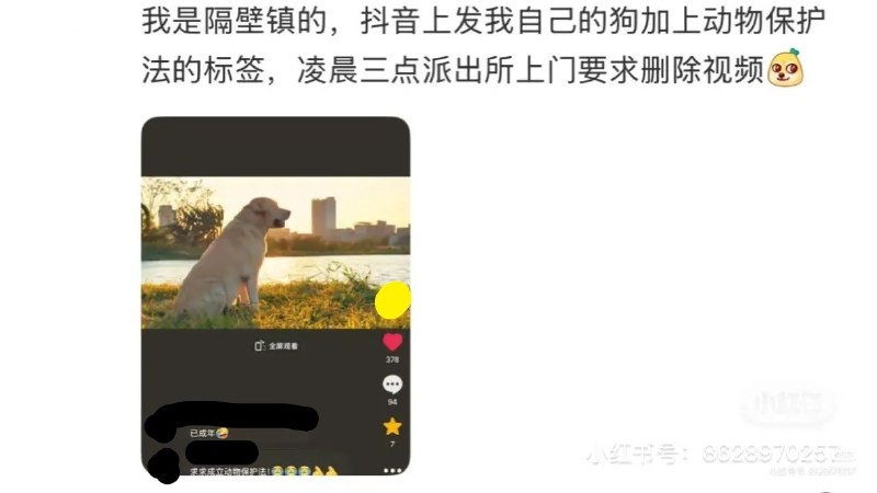 凌晨三点，派出所因“动物保护法”标签上门要求删视频近日，一名网友称其在抖音发布了一段自家宠物狗的视频，并添加“动物保护法”相关标签声援“旺旺”