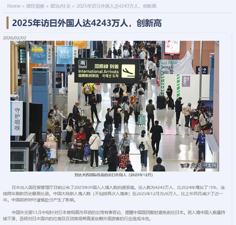 2月2日，日经新闻报道：2025年访日外国人达4243万人，比2024年增加了15%，连续两年刷新历史最高纪录而中国大陆新入境者减少：在1~10月维持在50~80万人