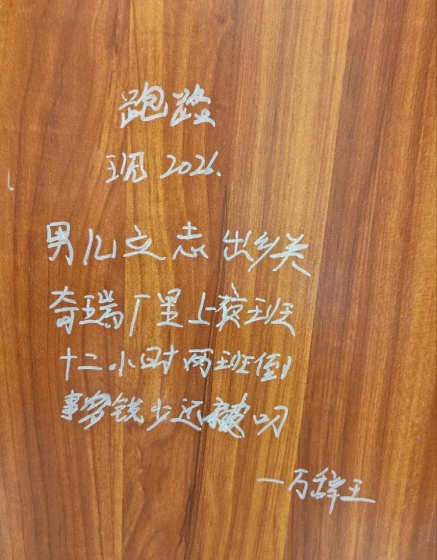 近日，​网友拍到，国内一线头部车企奇瑞某基地的厕所门上，密密麻麻写满了基层工人心声：“男儿立志出乡关，奇瑞厂里倒夜班”、“快跑”、​“12小时两班倒，事多钱少还被罚”、“奇瑞是大厂，一个月2、3千”