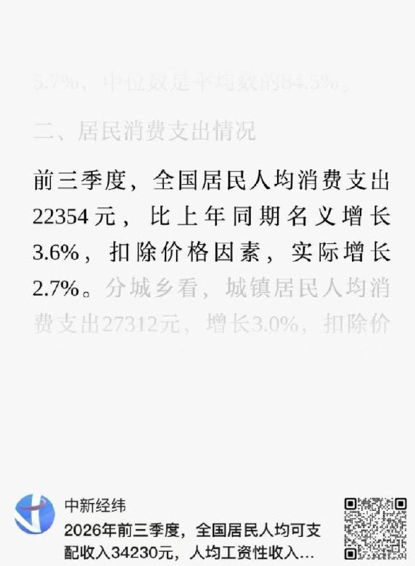 10月19日，国家统计局公布2026年前三季度居民收入和消费支出情况