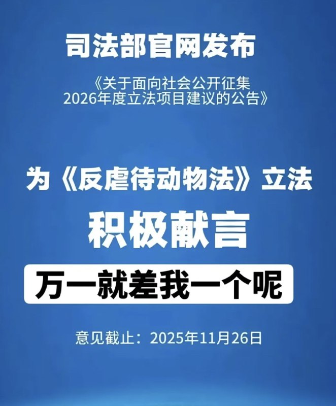 网友投稿中国司法部官方发布公告面向社会征集2026年度立法项目建议，网友呼吁请为无声的猫咪和狗狗们发封邮件，为《反虐待动物法》立法献言，截止日期11月26日