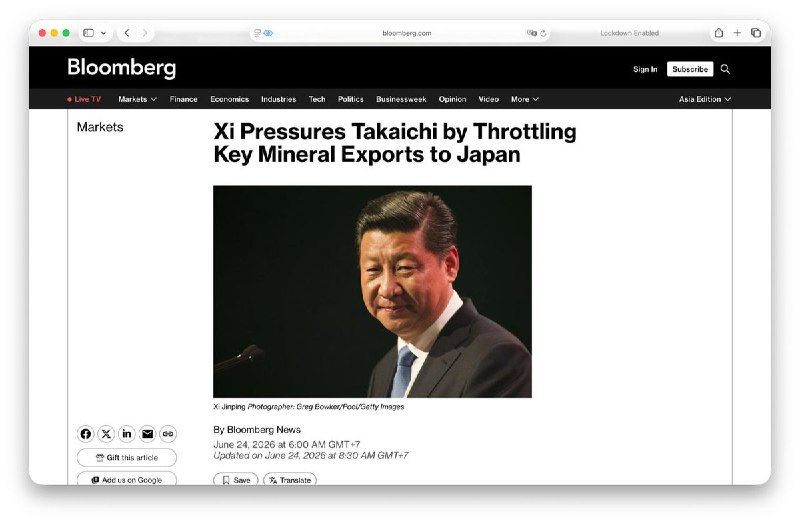 因不满中国宣传口的人身攻击，高市早苗不愿在APEC期间与习近平会面6月23日，据彭博社报道，中国掐断关键矿产出口，向日本首相高市早苗施压，但高市早苗仍然不愿意和习近平在今年11月深圳APEC期间与习近平谈判