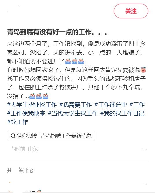 “十个萝卜九个坑”9月11日，一网友在小红书发帖吐槽，自己来到青岛两个月仍未找到工作，却已“避雷”四十多家公司