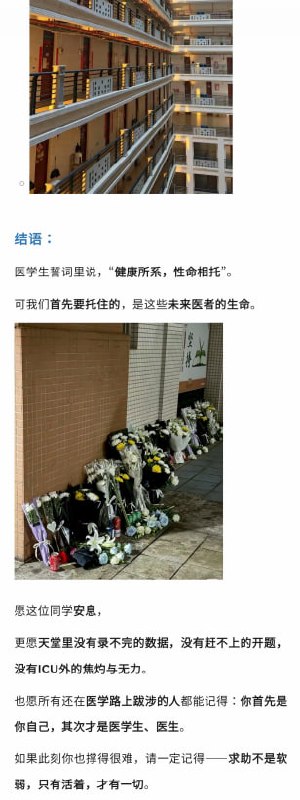 9月15日，国内以公众号发布文章悼念逝去的同学，并呼吁针对学生遭遇家庭重大变故、重大疾病等情况，建立延期、减负等机制，同时提出“导师权力要有边界”“学生不是廉价的科研劳动力”等观点