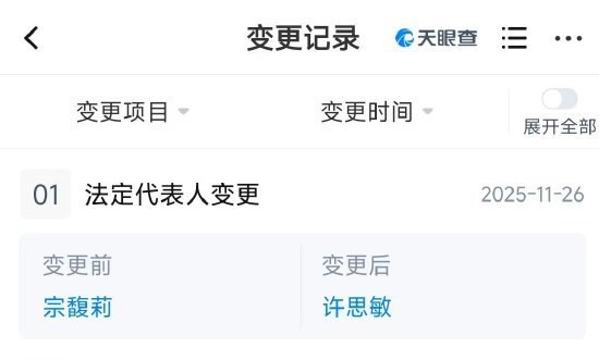 11月26日，天眼查APP显示，杭州娃哈哈集团有限公司近日发生工商变更，宗馥莉卸任法定代表人、董事长、总经理职务，由许思敏接任