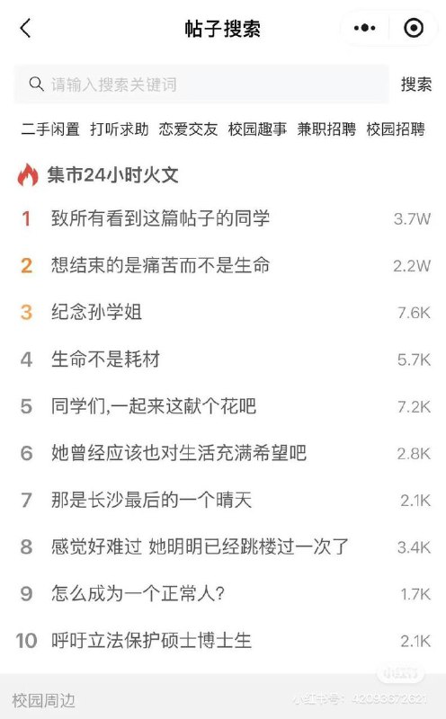 3月17日，中南大学校园论坛的每一条热搜，都是同侪们为湘雅医学院的跳江的孙同学的发声、哀悼和追思