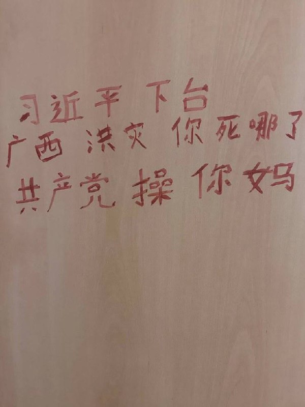 【广西洪水】近日，因不满广西洪灾中的救援，有人在厕所门上写下“习近平下台”“广西洪灾你死哪了”等字样，表达对政府的不满
