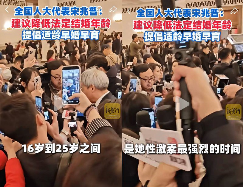 两会期间，全国人大代表 宋兆普：“建议降低法定结婚年龄，16到25岁之间，是她性激素最强烈的时间
