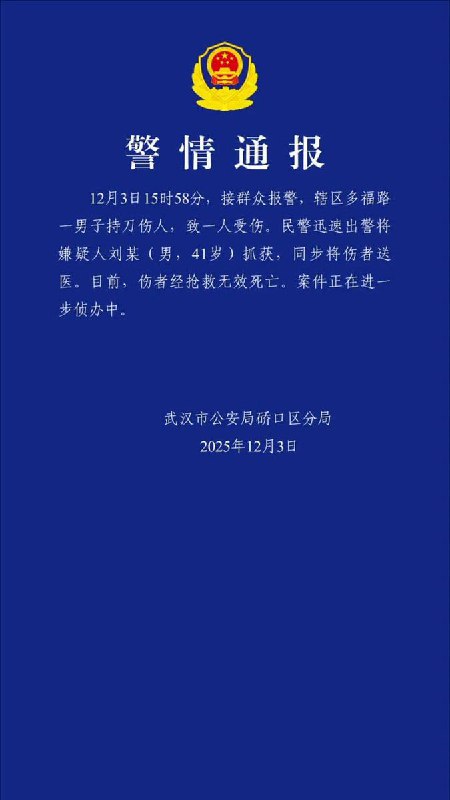 12月3日，武汉市公安局硚口区分局发布警情通报：12月3日15时58分，接群众报警，辖区多福路一男子持刀伤人，致一人受伤