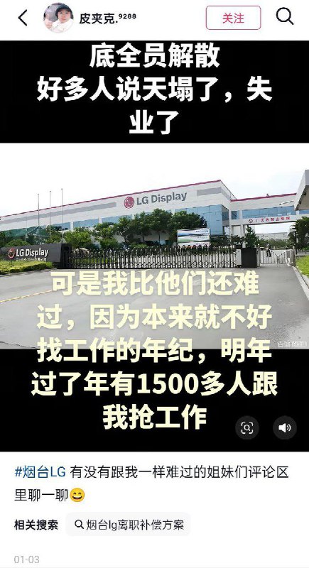 近日，有网友爆料，烟台 LG Display 的模组工厂解散，整个模组生产线被迁往越南，约 1400 名员工面临失业