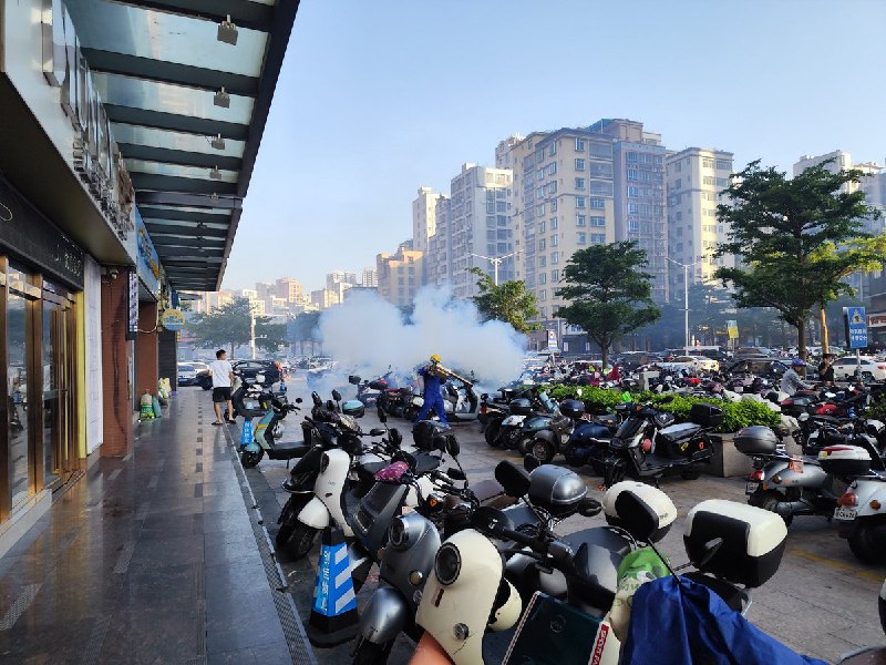 网友投稿：11月9日，广东省湛江市对停靠在路边的车辆及共享单车进行消杀