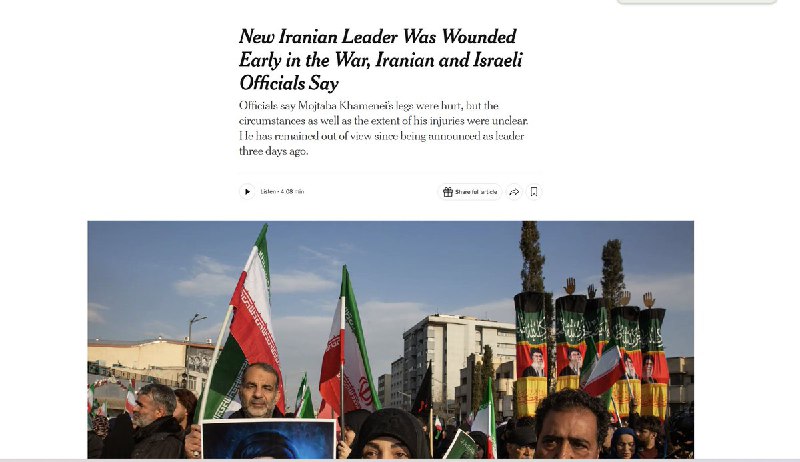 纽约时报：伊朗新任最高领袖穆杰塔巴·哈梅内伊在袭击中受伤3月11日，据纽约时报援引三名知情人士报道，伊朗新任最高领袖穆杰塔巴·哈梅内伊在以色列和美国发动袭击的第一天受伤，目前已被转移至一处高度安全地点避难