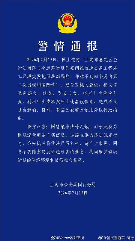 媒体人评价负面舆情辟谣2月14日，媒体人“Vetrax嚣张卫视”表示：现在官方针对负面舆情的『通报』是越来越有意思了……怎么说呢？就是做一个和真实发生的负面事实类似、但并不一样的事实的辟谣，让你觉得之前那个已经被广泛报道（且确认）的事实是假的……当你看到闵行警方的警情通报的时候，你是不是震惊于前几天看到的全网都在报道的新闻居然是假的？你看到的坍塌画面居然是一个 49 岁的大妈用 AI 生成的？感情当天所有的媒体都用的是 AI 视频？以及是不是我记错了？上海申铁不是发布了情况说明了吗？就连有些上海网民都觉得奇怪：啊？难道那天闵行的那个震动、封路不是这个事啊？大家不要怀疑自己，因为前几天那个事情以及你们看到的新闻画面，都是真的