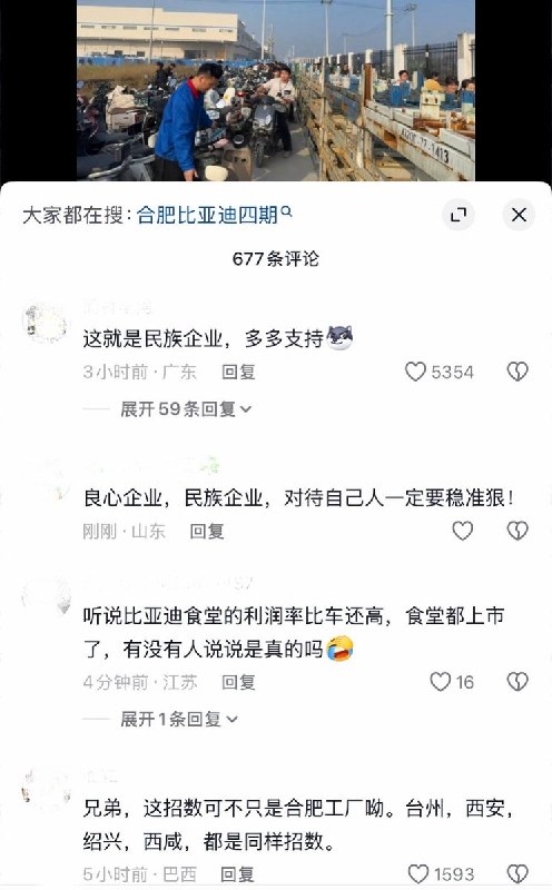 10月14日，网友发视频曝光，合肥比亚迪四期工厂为了防止员工在厂外用餐，疑将相关出入口封闭，员工无法骑电动车自行出入，迫使员工在厂区食堂用餐